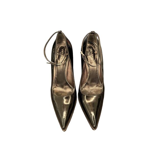 Prada Heels Black Ankle Strap Day to Night Patent Leather Pointed Toe Size 8 1/2 - Picture 2 of 13